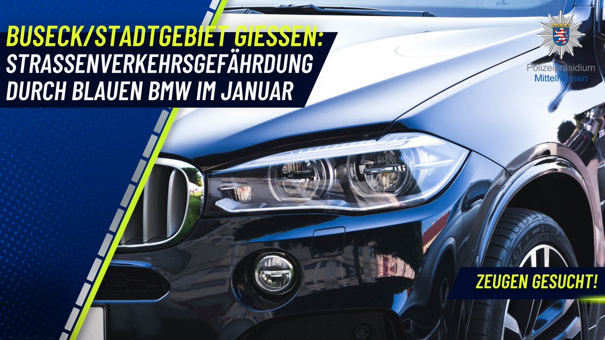 Polizei_MH's tweet photo. Straßenverkehrsgefährdung durch blauen BMW im Januar

🗓️ Di., 24.01.23 gg. 09:10 Uhr
📌 #Buseck / #Gießen (Anlagenring/Gießener Straße/Marburger Straße)

❓ Wer wurde gefährdet?

Hinweise an die #Polizei:
📞 0641 7006 3755

Weitere Infos:
🔗https://t.co/9XB4Y4QC4t

#Mittelhessen https://t.co/Xq7M9kWBj7