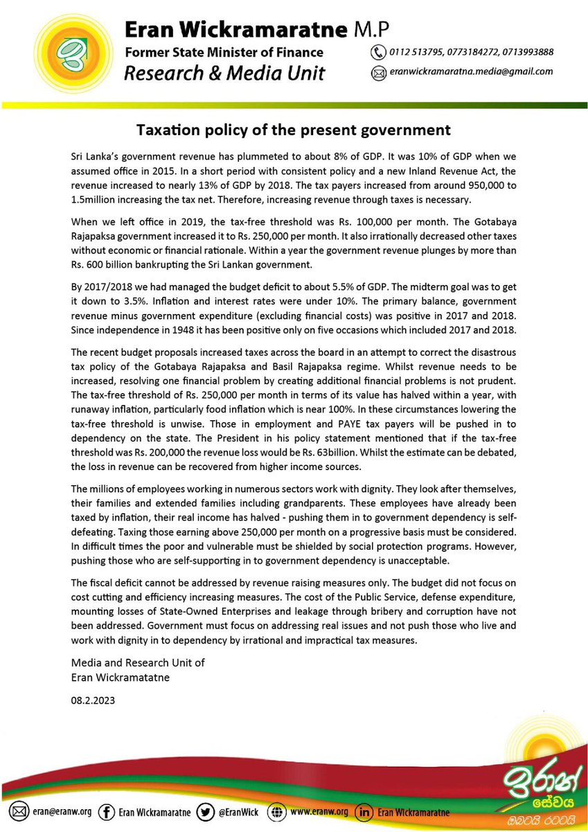 EranWick's tweet photo. The fiscal deficit cannot be addressed by revenue raising measures only(…). Government must focus on addressing real issues and not push those who live and work with dignity in to dependency by irrational and impractical tax measures. @sjbsrilanka #LKA #SriLankaCrisis https://t.co/kFa623PkwN