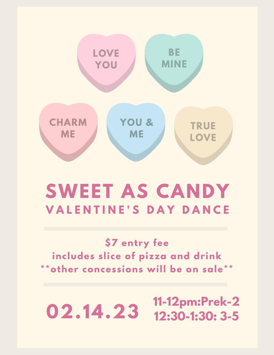 We are celebrating love 🥰 and kindness 🤝 with a Valentine's Day dance on Tuesday, February 14th. The entry fee is $7. This includes a slice of pizza and a drink. More items will be on sale for purchase. #ValentinesDay2023 #LetsBeKind