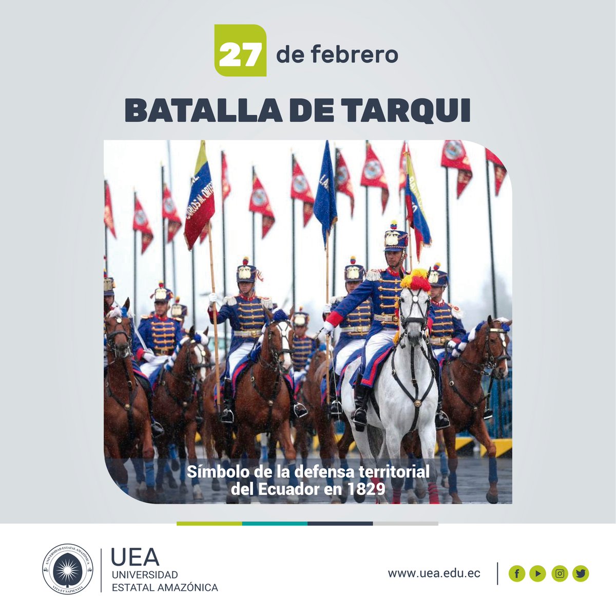 ueaeduec's tweet photo. #UEAReconocimiento | La UEA conmemora una fecha histórica en el calendario nacional, 27 de febrero, “Batalla de Tarqui”. Este día rinde homenaje al Ejército ecuatoriano, poniendo de relieve la gesta heroica de Bolívar, Sucre, Calderón, Eloy Alfaro, entre otros. 

#UEAesExcelencia https://t.co/uA7XR8Ryxg
