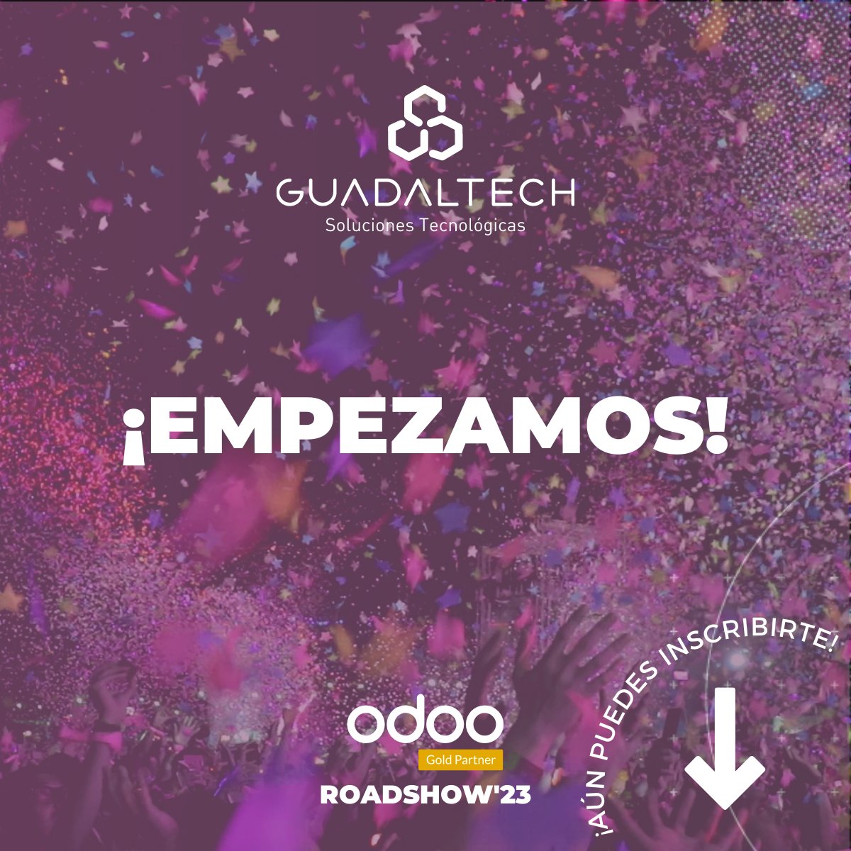 GuadalTech's tweet image. Hoy comienza #OdooRoadshow🟣  

Si aún no te has registrado, ¡estás a tiempo! 👉 bit.ly/3I1fT5E 

🕚 18.00h - 21.00h 
📍 NH Collection Sevilla
