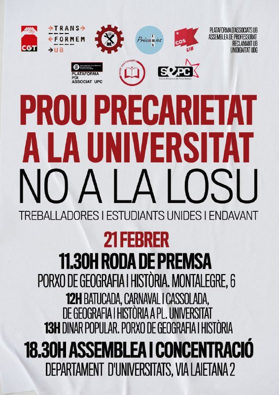 TransformemUB's tweet photo. Bona tarda!!! Som-hi!!! El 21 de febrer jornada de lluita per la Universitat Pública!!! Camí cap a la vaga d'Universitats! Perquè estem fartes de tanta i tanta precarietat! https://t.co/NcMJCZMDDv