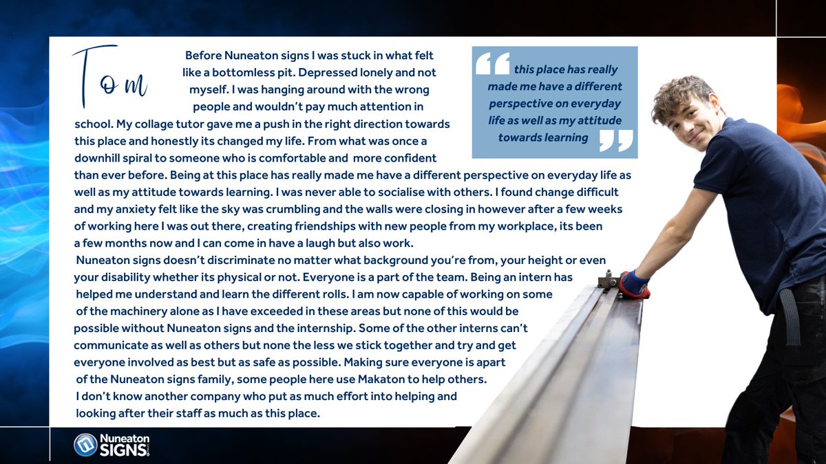 nuneatonsigns's tweet photo. THIS 👇 is why we do what we do!
Please take a minute to read our #SupportedIntern Tom's incredible testimony!
Let's #share his story, so that more people can understand the importance of choosing to #BuySocial 💙
#BusinessForGood #SocialEnterprise #Proud #SocialValue #WorkFamily https://t.co/E0wKDGE3PU