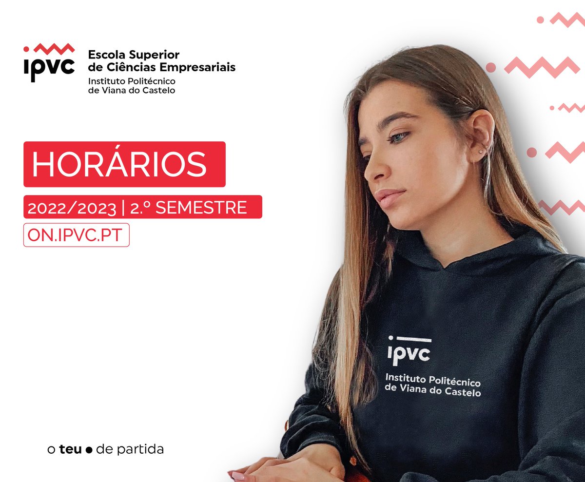 esceunipvc's tweet photo. 🗓️ [Horários] - 2022/2023 - 2.º Semestre
➡️ Já podes consultar o teu horário individual em https://t.co/1nxG2is9Ol, entrando na tua área pessoal.
⏰ As aulas começam já na próxima segunda-feira, dia 13 de fevereiro.
ESCE-IPVC, o teu 🔴 de partida https://t.co/di1gCm01Sw