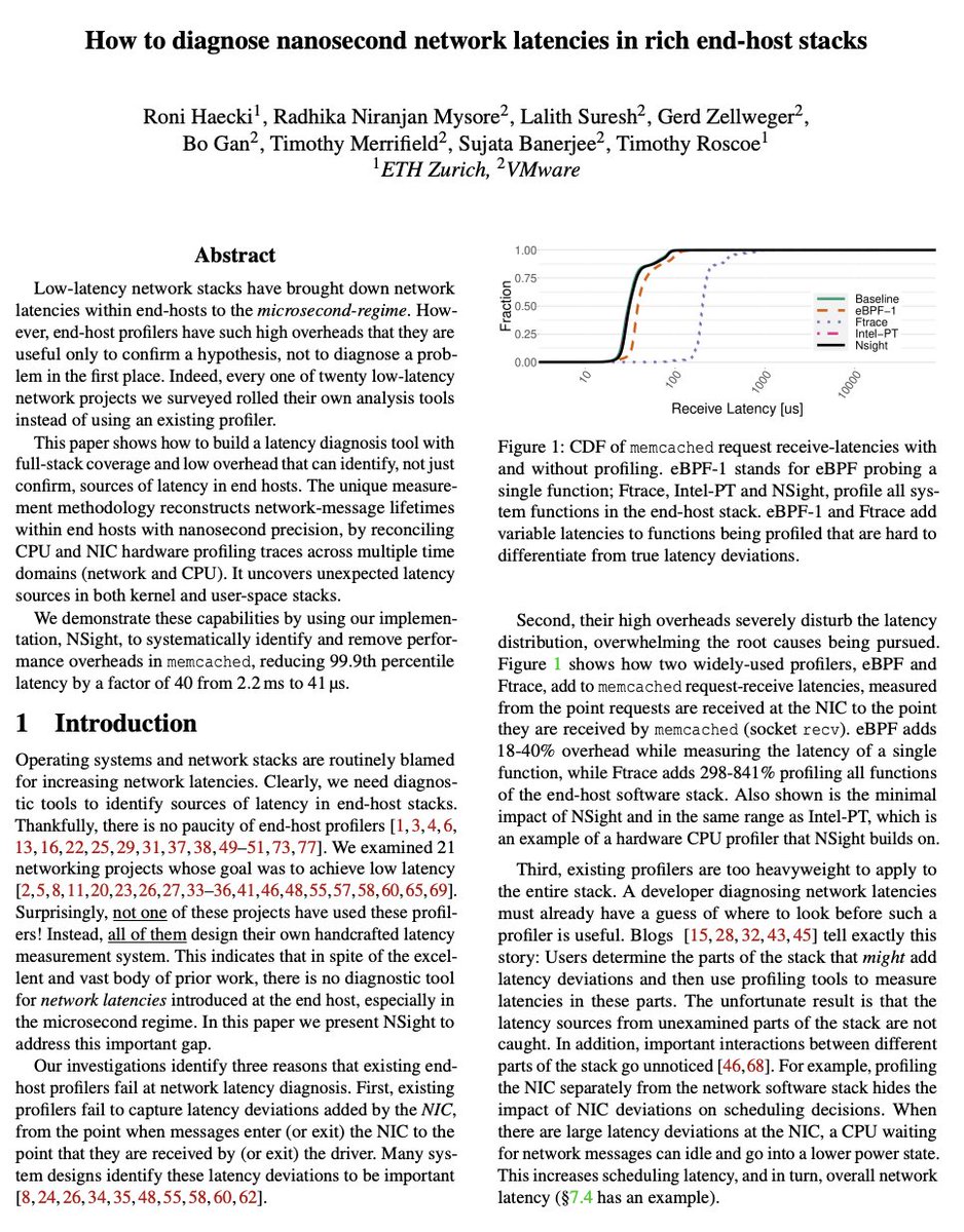 yfractal's tweet photo. #PaperReading How to diagnose nanosecond network latencies in rich end-host stacks 我的理解大题是说，传统方法排查性能问题很麻烦，因为有些问题出在系统上，甚至是硬件上，profile 不能一直开，影响性能，如[2][3]。这个 Idea 是把所有信息都收集起来，对，所有信息！然后用算法找根因。(01) https://t.co/lGrEsF095e