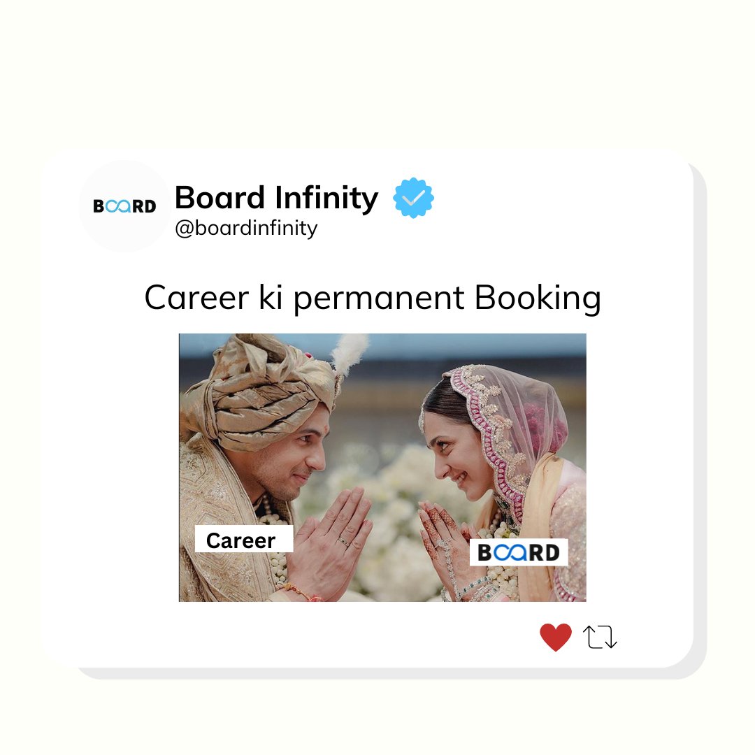 boardinfinity's tweet photo. Career ki Permanent booking with Board Infinity
#Boardinfinity #trending #trendingpost #sidkiara https://t.co/OGIi6ALu1M