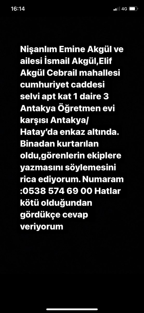 avsinantuccar's tweet photo. Enkaz altında hala kurtarılmayı bekliyorlar. 

Cebrail mah. Cumhuriyet cad. Selvi Apt. Kat 1/3 Antakya Ögretmen Evi karşışı Antakya/HATAY 

#Hatay #antakya @OguzhanUgur @haluklevent @sgokbakar @AFADHatay @DepremDairesi @AFADBaskanlik  @Haydi_Ahbap 
@HatayValiligi @ahbap https://t.co/IXaSw60k0J