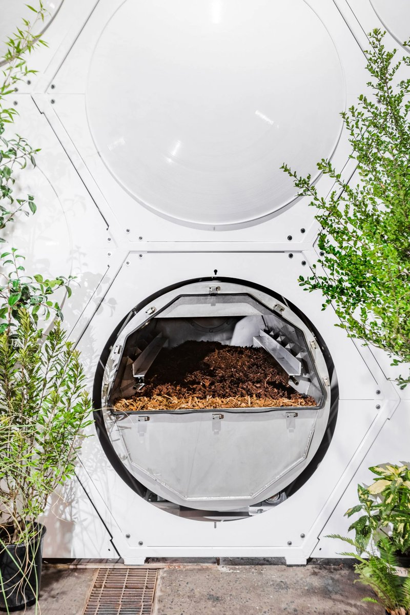 tomravenscroft's tweet photo. Future of burials? This human composting facility aesthetic is part Star Trek, part 2001, part suburban crematorium –  https://t.co/7Up3yTrSu2 (via @Dezeen) https://t.co/C7qoNPlsYL