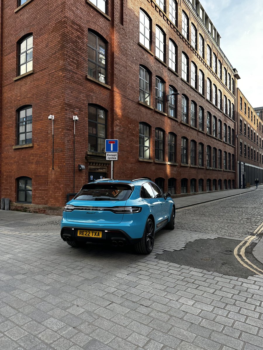 dan_hendo's tweet photo. Macan spec’d properly in Ancoats, Manchester. No tints &amp; Miami blue! Looks so good https://t.co/3uv7k2o92s