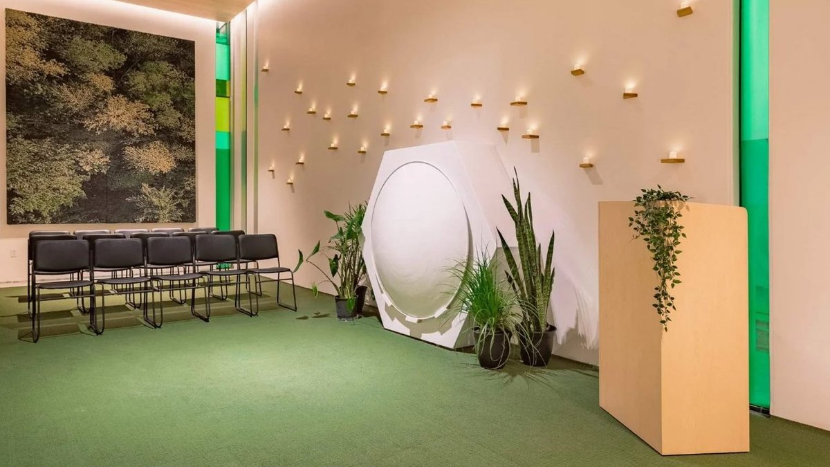 tomravenscroft's tweet photo. Future of burials? This human composting facility aesthetic is part Star Trek, part 2001, part suburban crematorium –  https://t.co/7Up3yTrSu2 (via @Dezeen) https://t.co/C7qoNPlsYL