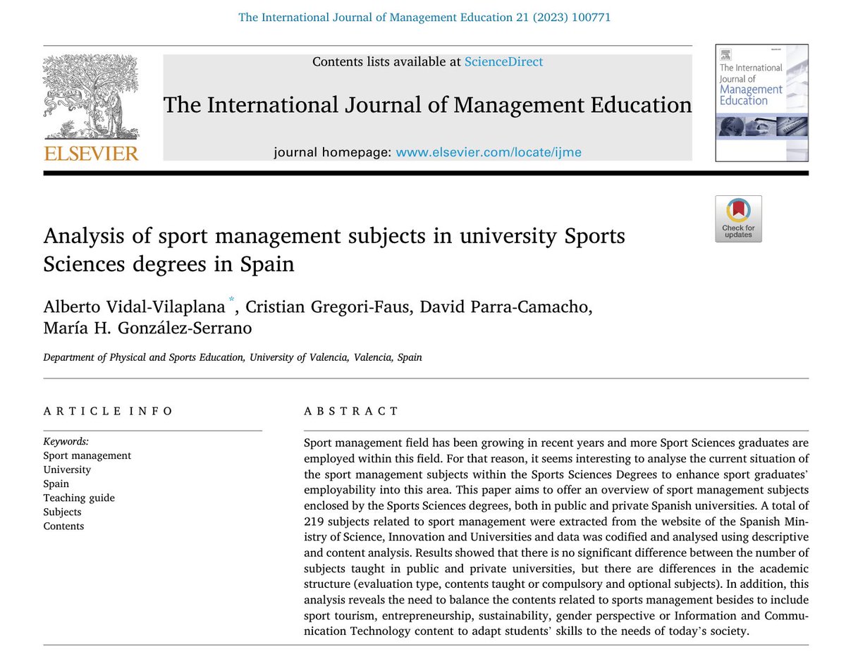 📢¡Nos llegan buenas notícias!

📚Recién publicado el artículo “Analysis of sport management subjects in university Sports Sciences degrees in Spain” en la revista de gran impacto The International Journal of Management Education.

👇🏽
sciencedirect.com/science/articl…