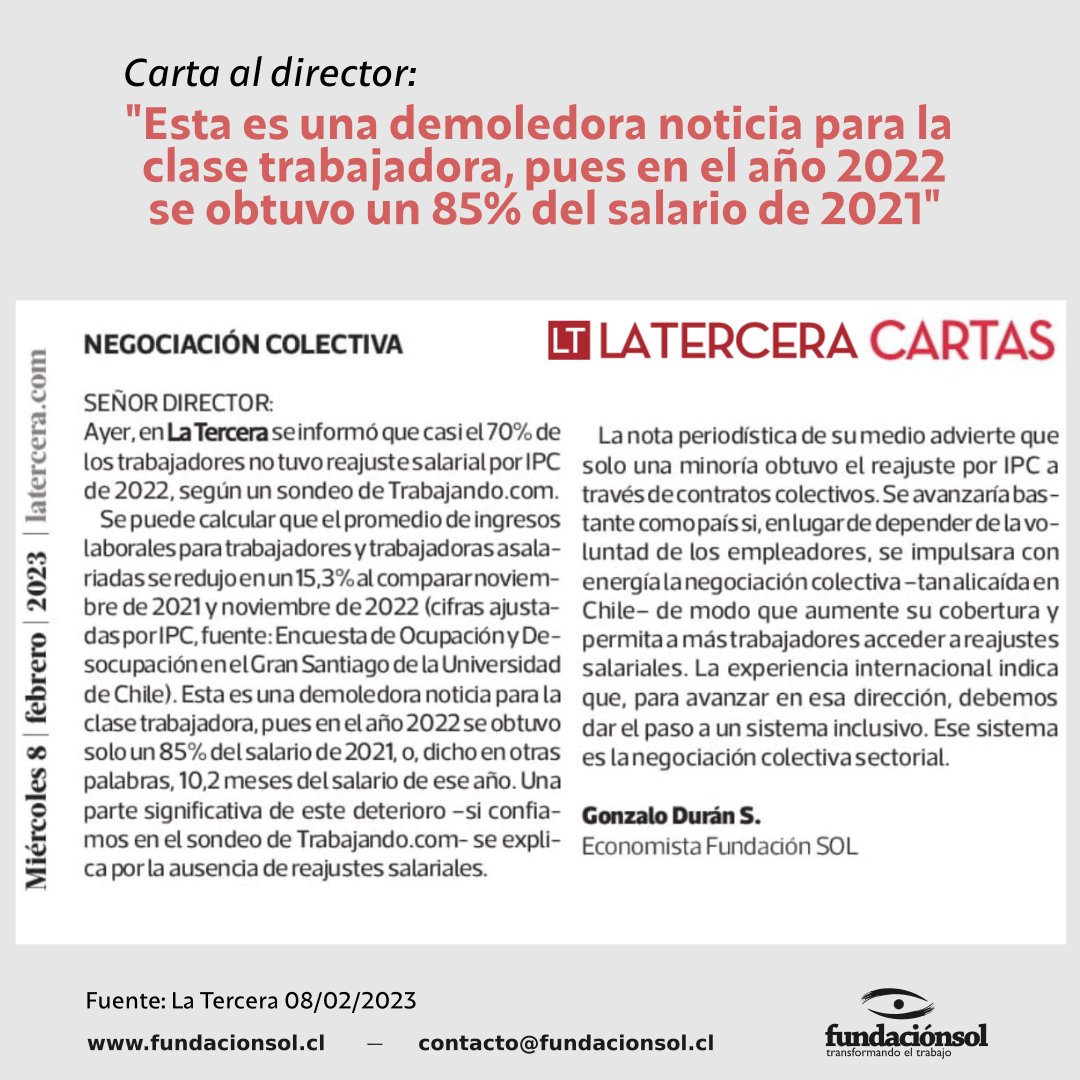 Cuando los salarios y sus reajustes dependen de la dádiva de empleadores/as, tenemos salarios miserables, que pierden su poder adquisitivo (entre nov 21 y nov 22, los salarios pierden casi un 15% de poder adquisitivo). Chile debe avanzar hacia la Negociación Colectiva por sector