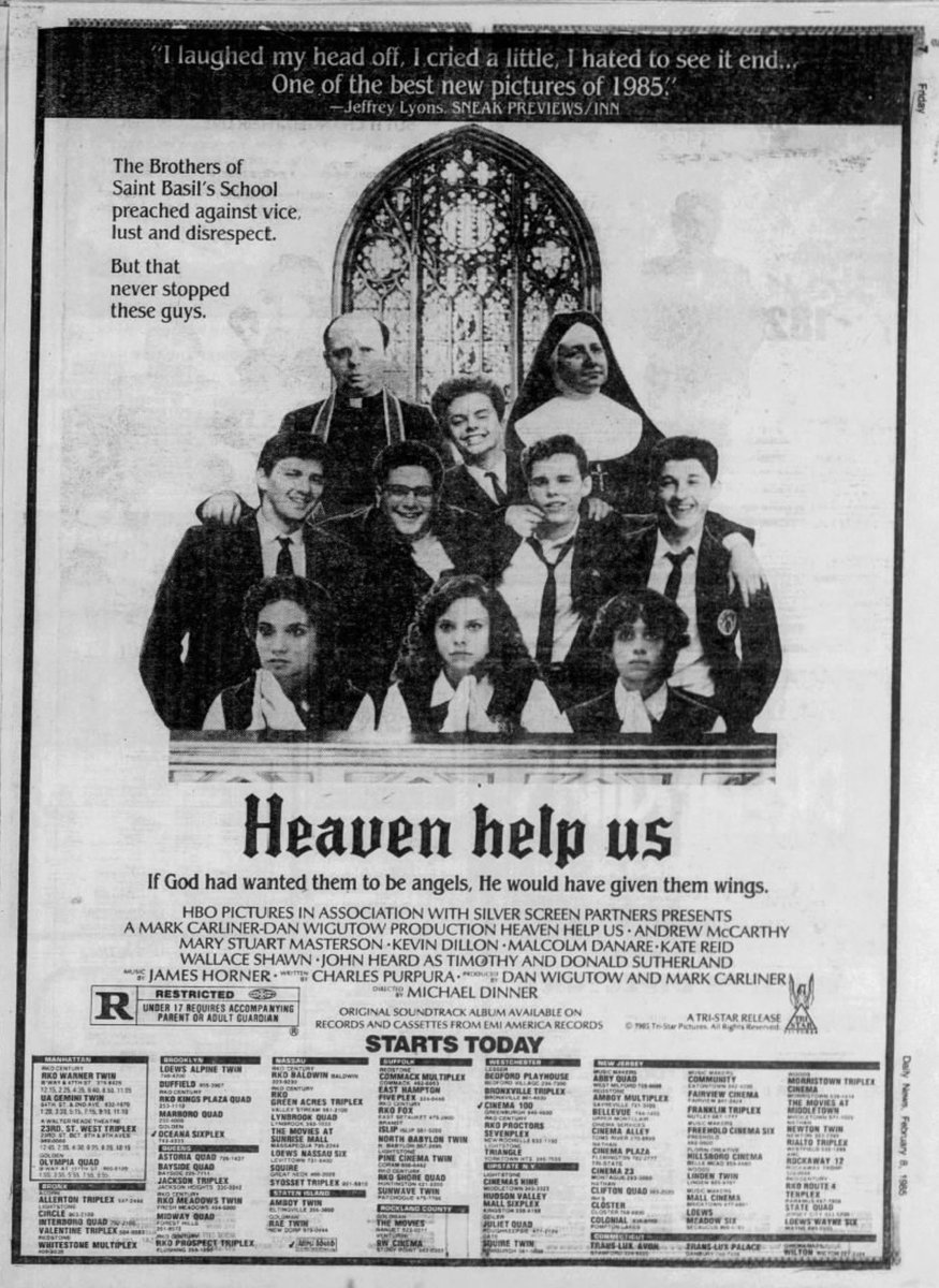 CONELRAD6401240's tweet photo. 1/3. The underrated and poorly promoted coming-of-age film HEAVEN HELP US was released #OTD in 1985. #AndrewMcCarthy #MaryStuartMasterson #WallaceShawn #JohnHeard #JayPatterson #DonaldSutherland #KevinDillon https://t.co/y9jxcGnZaO