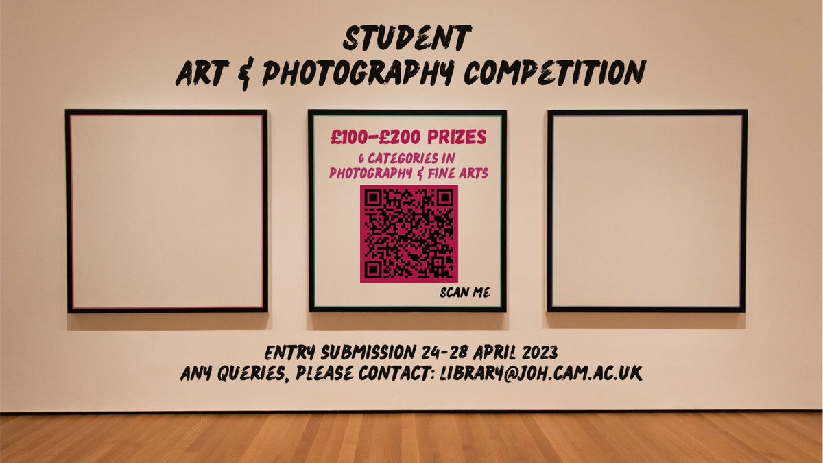 The Library will be accepting entries for the Student Art and Photography Competition from April 24th-28th!
Details here: joh.cam.ac.uk/student-art-an…