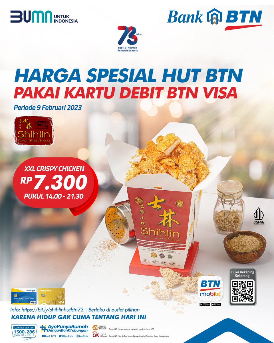 bankbtn's tweet photo. Yang suka XXL Crispy Chicken dari Shihlin buruan!!! Ada harga spesial untuk kamu di HUT ke-73 Bank BTN.

Cuma Rp 7.300,- khusus 9 Februari 2023 pukul 14.00 s.d 21.30 di gerai Shihlin pilihan. Jangan sampai ketinggalan dan kehabisan ya! https://t.co/lux7fV8IJY