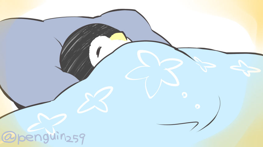 「おやすみなさいオフトゥンきちんとかけようね 」|皇帝ペンギンのペンペンのイラスト