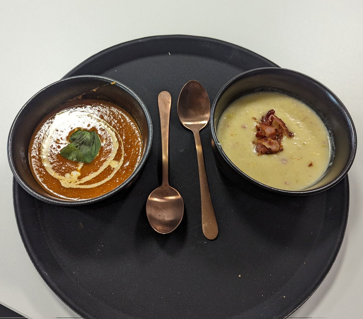 rumworthbistro's tweet photo. Fresh homemade soup prepared by our student team today. 
Roasted Tomato &amp; Potato, Leek &amp; Bacon.  
Keeping staff warm on a chilli day. https://t.co/Y8paSvtVWI