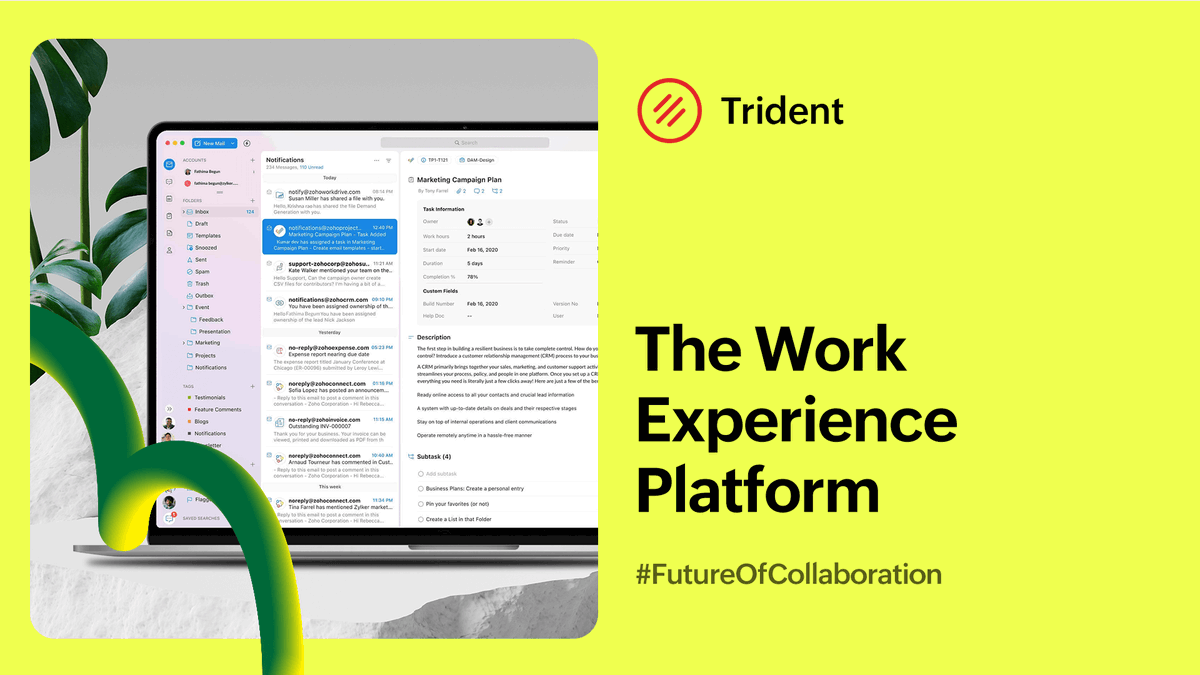 ZohoUK's tweet photo. Introducing Trident! Zoho's new work experience platform π±
Making your workday easier than ever
Trident for @ZohoWorkplace brings together Email, Calendar, Chat, Calls, Notes, and much more onto one dashboard
Find out more π https://t.co/8FznqO7gyr
#FutureOfCollaboration https://t.co/T1leUOhzKm