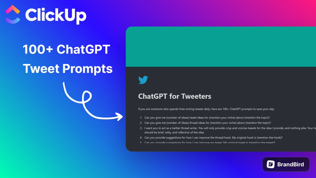 I've prepared a ClickUp micro-product with 100+ ChatGPT prompts for Twitter content creation.

And I'm giving it for FREE.

But after 24 hours, it will cost $$$.

To get it:
1. Like
2. Retweet
3. Comment '💡'

And I'll DM it to you for FREE

(must be following me)