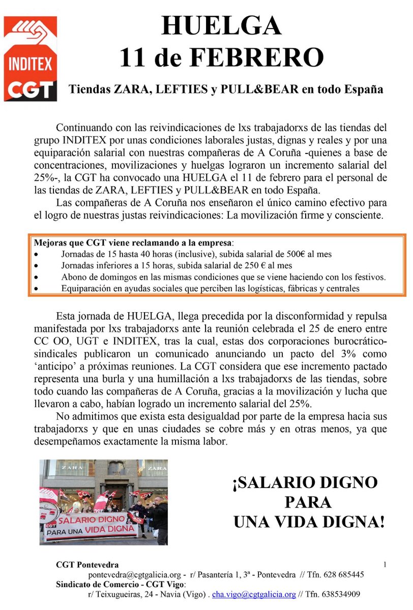 SUTSOCGTPoa's tweet photo. ⚫️🔴CGT convoca una #𝐇𝐔𝐄𝐋𝐆𝐀 el 𝟏𝟏 𝐝𝐞 𝐟𝐞𝐛𝐫𝐞𝐫𝐨 para el personal de las tiendas de #INDITEX en todo España.
¡Únete! ✊✊✊ https://t.co/G8tgiwHYXX