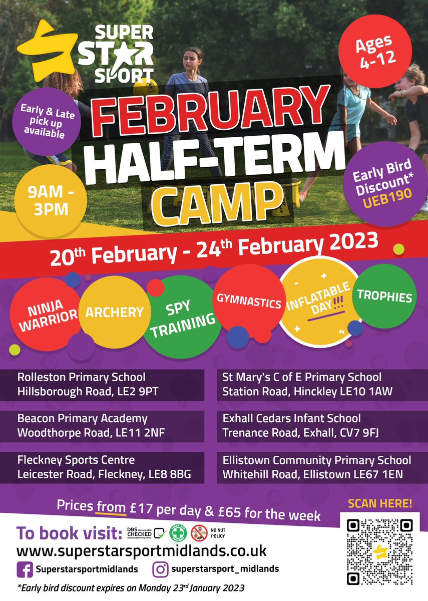 SSSMidlands's tweet photo. It not long until our half term camps start and we are super excited to share with you our plans!! 

If you would like to know what our activities include drop us a message and which camp you wish to book and we can share with you our day to day schedules. https://t.co/RvbObmRBhj