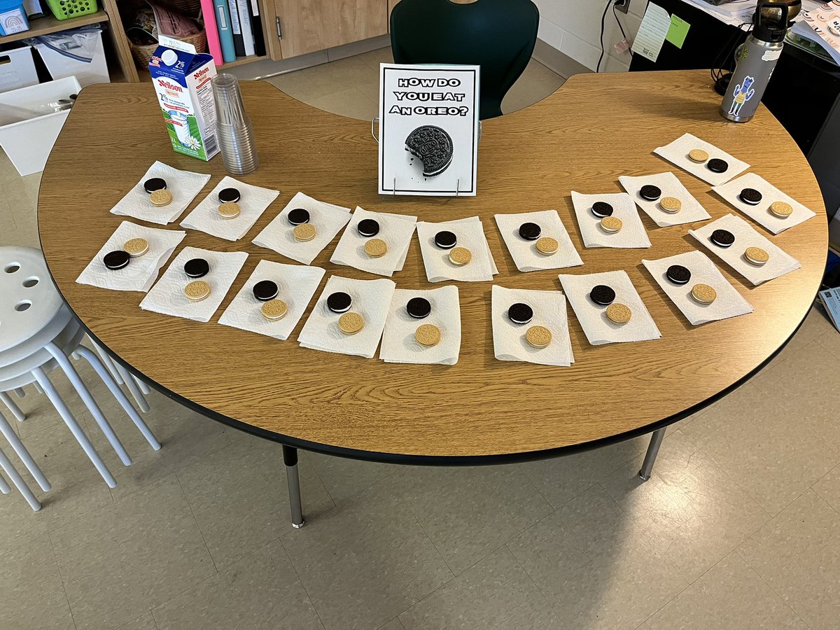 MsEllisM's tweet photo. Kicking off our how to writing unit this morning with some milk and cookies! How do you eat an Oreo? Dip first, split first, bite first? https://t.co/RUVLrswuq1