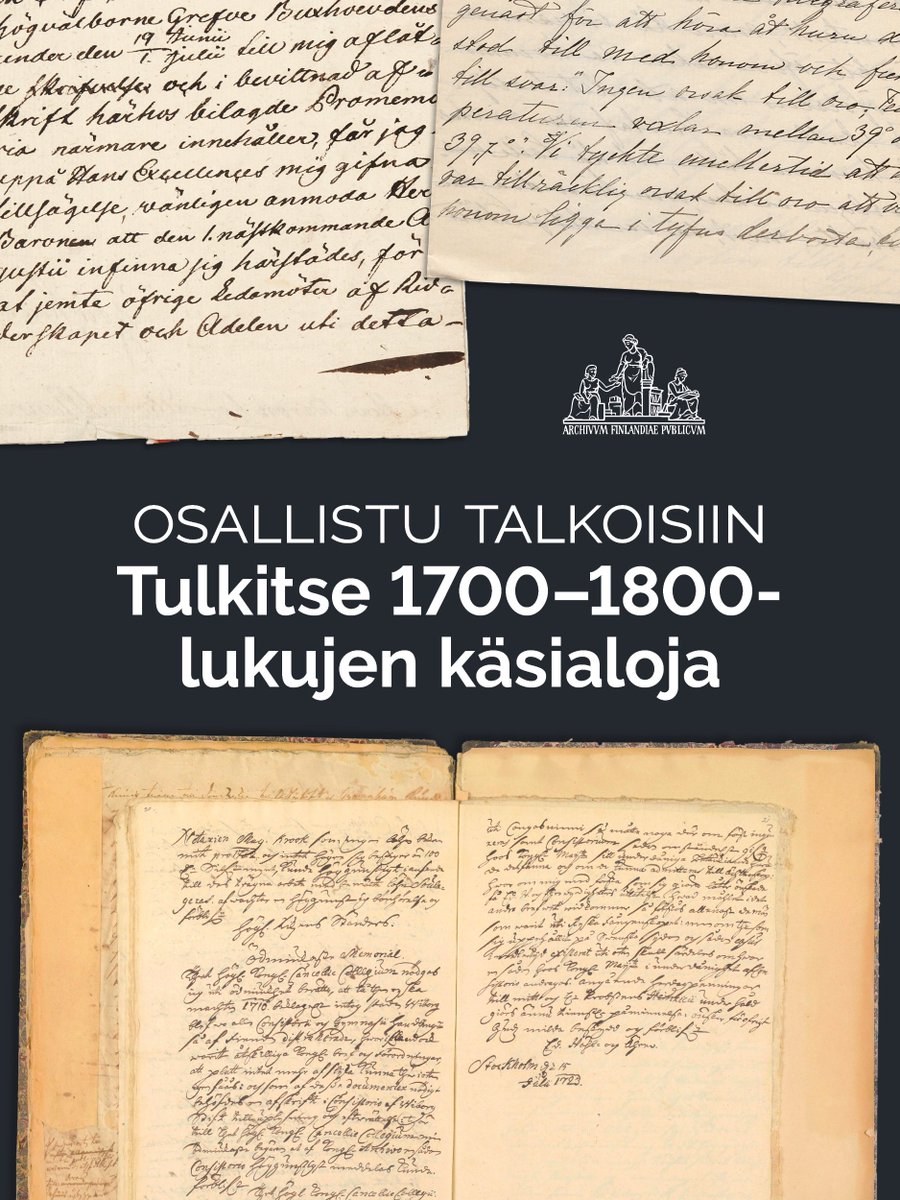 Tule talkoisiin tulkitsemaan 1700–1800-lukujen tekstejä!

🎫 lyyti.in/KA_talkoot2023

Näiden aikakausien käsialojen ja ruotsin kielen osaaminen on välttämätöntä talkoisiin osallistumiseksi. #HTR #talkoot #arkistot