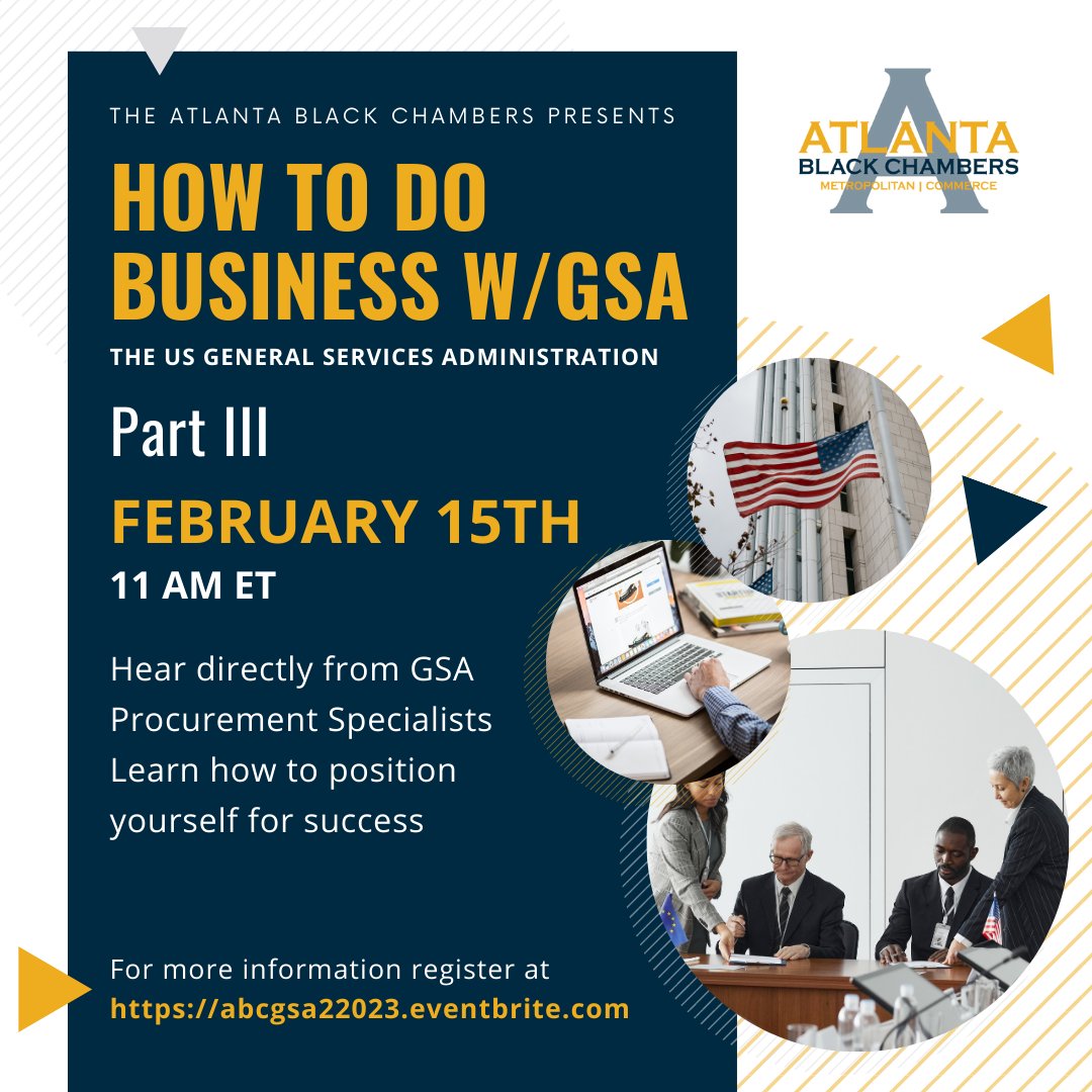 ATLblackchamber's tweet photo. This is your opportunity to position yourself to do business with the Federal Government. Only a tiny percentage of the US Government budget is spent on Black-owned firms. Please attend this critical session to learn the requirements and next steps in becoming a qualified vendor https://t.co/rvwR5HCU3Y
