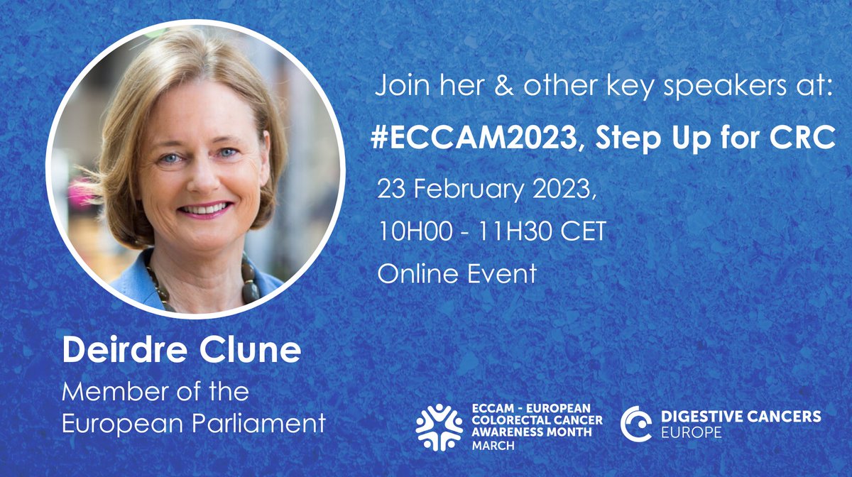 dice_europe's tweet image. Eager to learn more about preventing #ColorectalCancer? Join us at #ECCAM2023 for a debate on all levels of prevention. 
Meet key policymakers like the Member of @Europarl_EN  @DeirdreCluneMEP &amp;amp; other experts! 
Info and Registration👉 bit.ly/3kFKNHt
