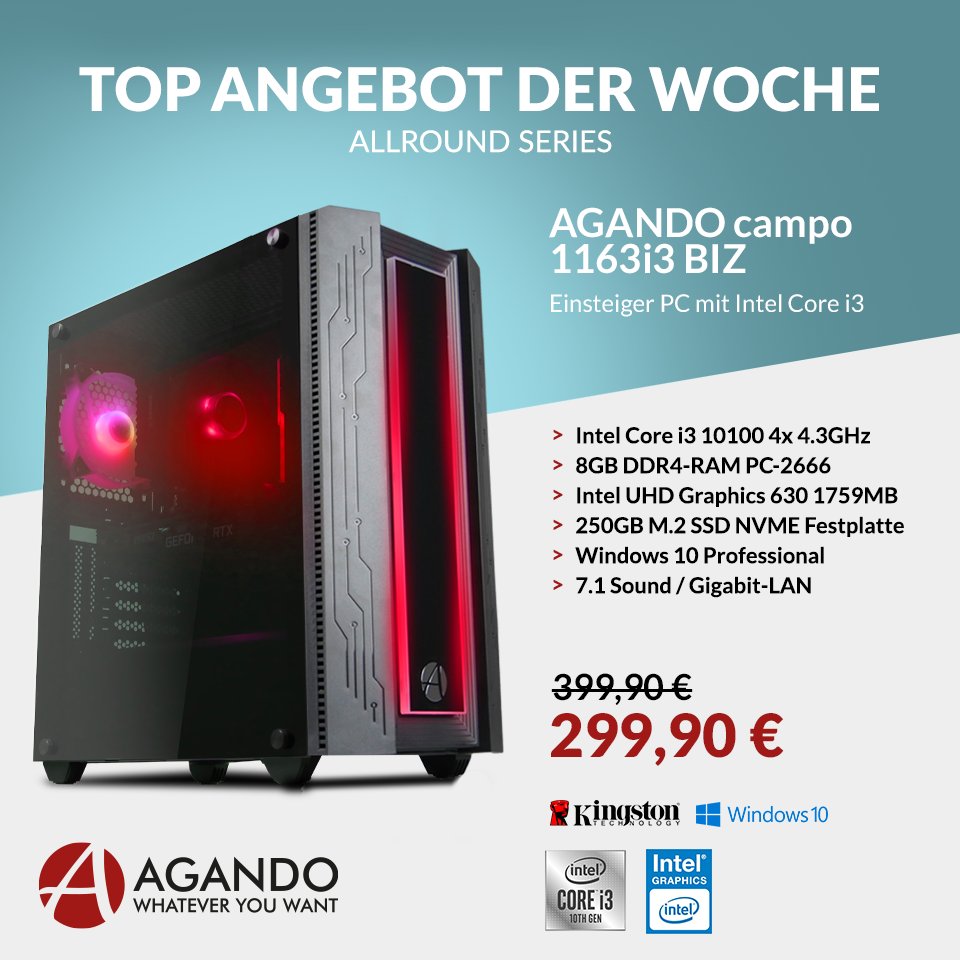 Unser #TopAngebot für den #Allround Bereich ist online!
&gt;&gt;&gt;bit.ly/3ljOvH8

Allrounder mit Intel Core i3 10100 4x 4.3GHz, 8GB DDR4-RAM, Intel UHD Graphics 630 1759MB, 250GB M.2 SSD, Windows 10 Pro, 7.1 Sound und Gigabit-LAN zum Angebotspreis!

#AGANDO #agandocomputer