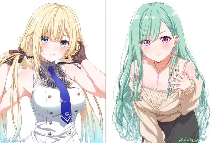並べた時に色合い的にも綺麗だなと思いながら描いたエマさんとべに様でした 