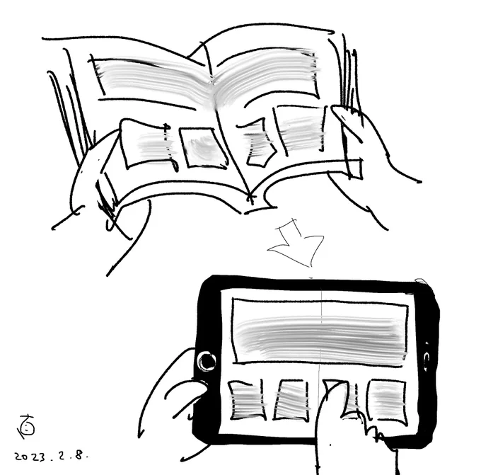 僕は例えばコミックのように見開き(2ページ)単位で読む前提の本を電子書籍で読む場合は、iPadを横にし見開き全部を表示して読み進めます。

コミックには見開きで左右がつながっているコマがあるからです。紙の本をスキャンスナップなどでデジタル化した場合も同じです。

これは小説でも同じ(続く https://t.co/2fT9Je0P8J 