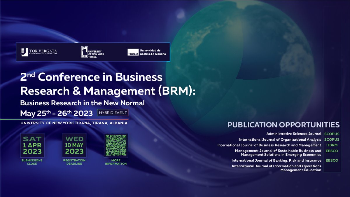 🔔 Don't miss the opportunity to participate in the #international #scientific #conferences and to get your #contribution published. There are #free slots in #SCOPUS #Q1 #Q2 journals. <a href="/AdmSci_MDPI/">Administrative Sciences</a>  

➡️ Extended Abstract Deadline submission: 1 April 2023
brmconf.unyt.edu.al/author/submit.…