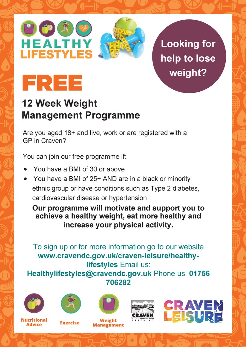 We know that losing weight is not always easy. Let us help you with our FREE weight management programme available to everyone throughout Craven with a BMI of 25 or above.