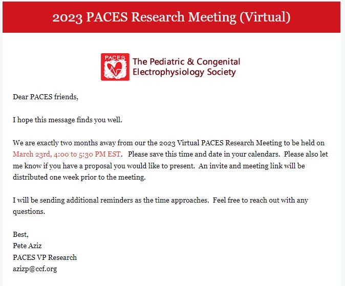 Peter Aziz, MD (@peterazizmd) on Twitter photo PACES friends, please join us on March 23rd for our virtual research conference. Details below. See you then. <a href="/PACESep/">PACES Pediatric and Congenital EP Society</a> PACES friends, please join us on March 23rd for our virtual research conference. Details below. See you then. <a href="/PACESep/">PACES Pediatric and Congenital EP Society</a>
