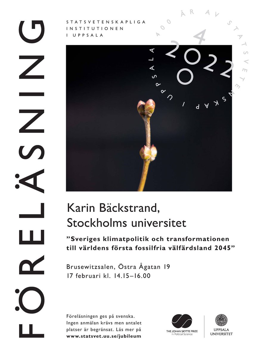 Department of Government, Uppsala University (@uu_polisci) on Twitter photo Fredag den 17 feb är det dags för nästa jubileumsföreläsning. Denna gång gästas vi av <a href="/BackstrandKarin/">Karin Bäckstrand</a>, som kommer att prata om svensk klimatpolitik och transformationen till världens första fossilfria land. Som vanligt gratis och öppet för alla. Välkomna!
statsvet.uu.se/jubileum/evene… Fredag den 17 feb är det dags för nästa jubileumsföreläsning. Denna gång gästas vi av <a href="/BackstrandKarin/">Karin Bäckstrand</a>, som kommer att prata om svensk klimatpolitik och transformationen till världens första fossilfria land. Som vanligt gratis och öppet för alla. Välkomna!
statsvet.uu.se/jubileum/evene…