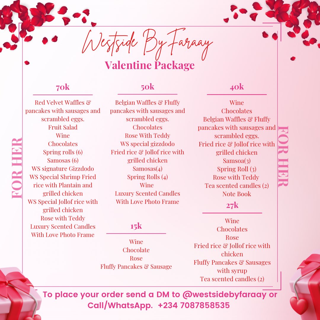 westside_faraay's tweet photo. Treat your girl or man right to something special on our package today.

N.B package can be customized https://t.co/7JbEKJgbwF