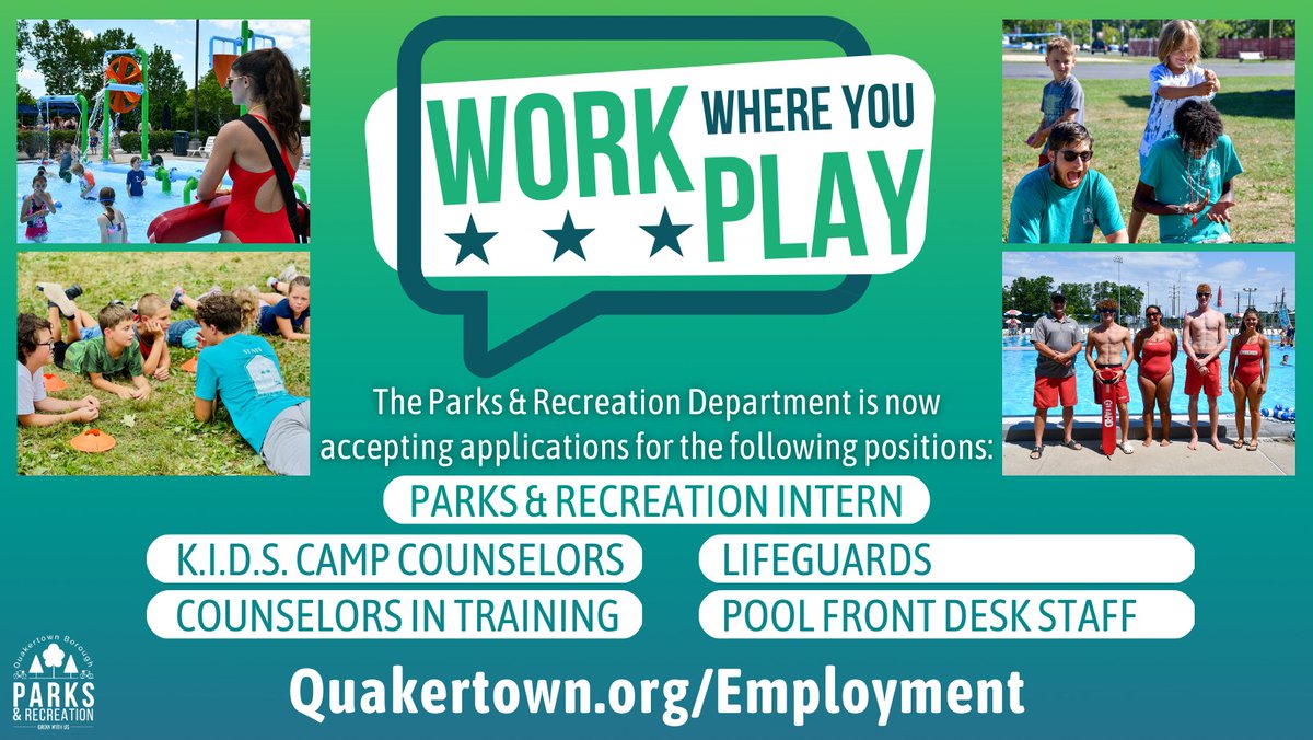 📣WE'RE HIRING📣 Parks & Recreation is now accepting applications for the following positions Parks & Recreation Intern, K.I.D.S. Camp Counselors, Counselors in Training, Lifeguards, and Pool Front Desk Staff. Learn more about these positions & apply at Quakertown.org/Employment