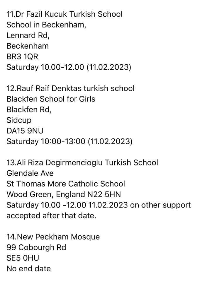 TurkishLondon's tweet photo. SOUTH LONDON DONATION POINTS 

#TurkeyEarthquake #PrayForTurkey https://t.co/HUWGNor7R2