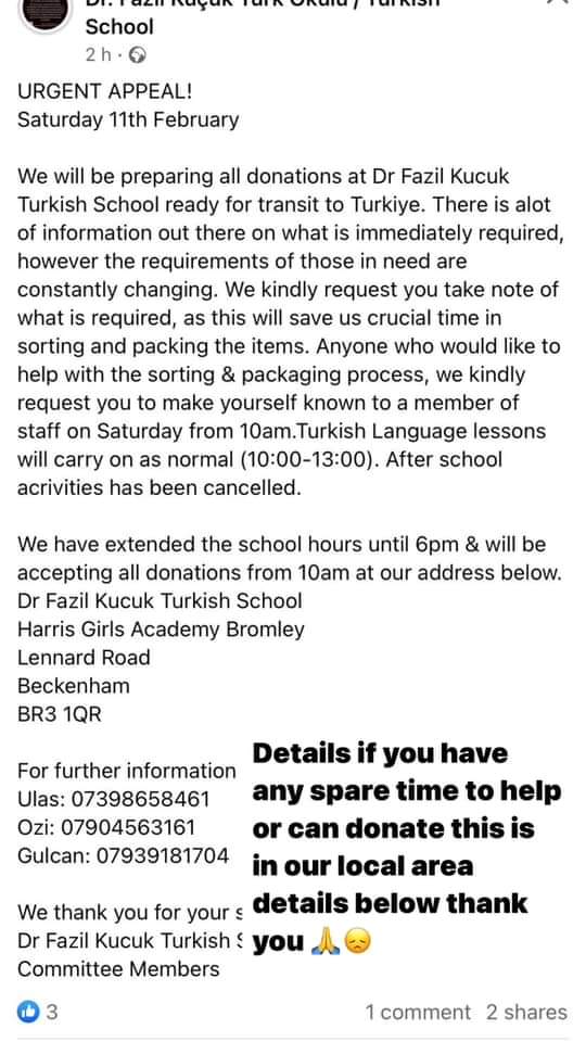 SOUTH LONDON DONATION POINTS 

#TurkeyEarthquake #PrayForTurkey