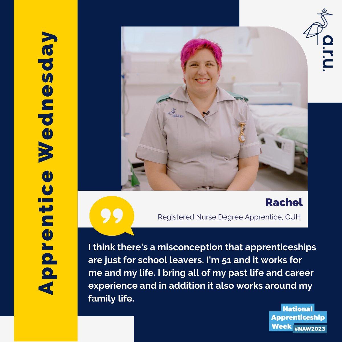 Rachel is on the #NursingApprenticeship Pathway with <a href="/CUH_NHS/">Cambridge University Hospitals NHS</a> &amp; advocates apprenticeships at any age.  Rachel has completely changed career &amp; is following her passion thanks to the apprenticeship opportunity with @angliaruskin and <a href="/CUH_Napprentice/">CUH Nursing Apprenticeships 💙</a> > aru.li/3iGbNlf
