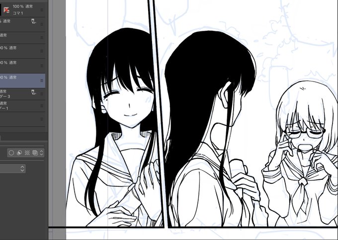 これ左の絵と右の絵の違い分かります?画面だと絶対分からんよね。右のコマはモノクロ二値線画で、左のコマはグレスケ鉛筆線画。 