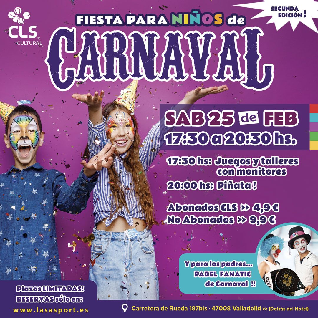 ClubLASASPORT's tweet photo. Carnavales CLS!! 🎭🎭🧚‍♂️🧚‍♀️ Ven a disfrutar de las actividades programadas para niñ@s y adultos!! No te lo pierdas. Plazas limitadas 
Inscripciones en: https://t.co/5GCAEsv13Z
https://t.co/iOi9xqqJIL https://t.co/auS6OmyB5Z