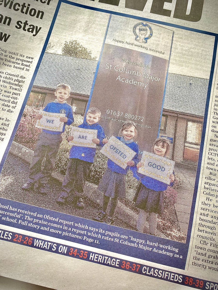 It was so great to see these happy smiley faces on the front page of this weeks @NewquayVoice in @Morrisons  today! Such a fantastic celebration of the success at @stcolumbmajorac! It was a real privilege to be a #schoolgovernor here. Congratulations to all at #StColumbMajor!