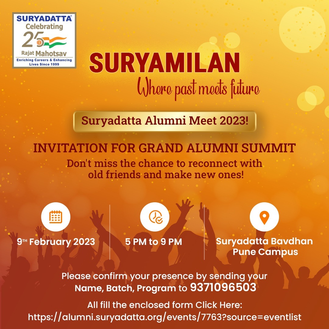 Suryadatta_Pune's tweet photo. Revisit the halls of Suryadatta and reunite with your past as we honor the present at the Alumni Meet & Awards 2023!
#suryadattagroupofinstitute #alumnimeet #suryamilan #alumnimeet2023 #alumnisummit #awards #meetup #meetuptime #meetupwithfriends #meet #Reunited2023 https://t.co/1OQTWX8xgI