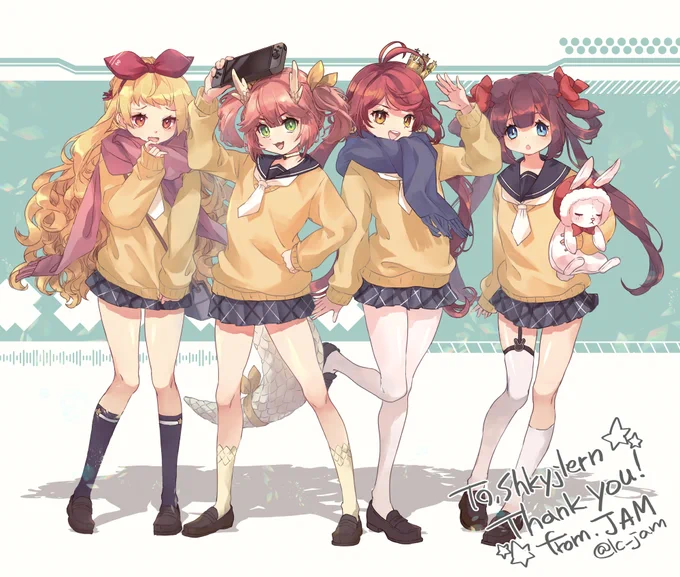 Skebでリクエストいただいた、ゆるキャン△の制服コスのジェンキンス、龍驤、ジャージー、清波です全員可愛くて気合入れて描いたよ#AzurLane  #アズールレーン 