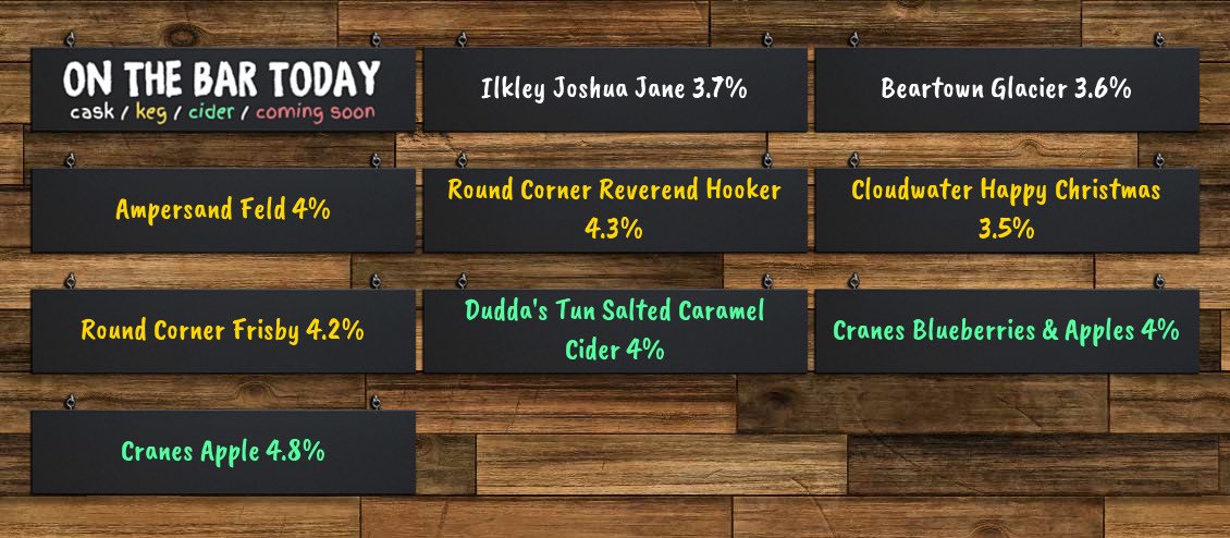 On the bar today!
Beer Board: bit.ly/2Wcccob
<a href="/Ilkleybrewery/">Ilkley Brewery</a> <a href="/BeartownBrewery/">Beartown Brewery</a> <a href="/AmpersandBrewCo/">Ampersand Brew Co</a> <a href="/RoundCornerBeer/">Round Corner Brewing</a> <a href="/cloudwaterbrew/">Cloudwater Brew Co</a> <a href="/DuddasTunCider/">Dudda's Tun Cider</a> <a href="/CranesDrinks/">Cranes Cider</a> 
#RealAleFinder