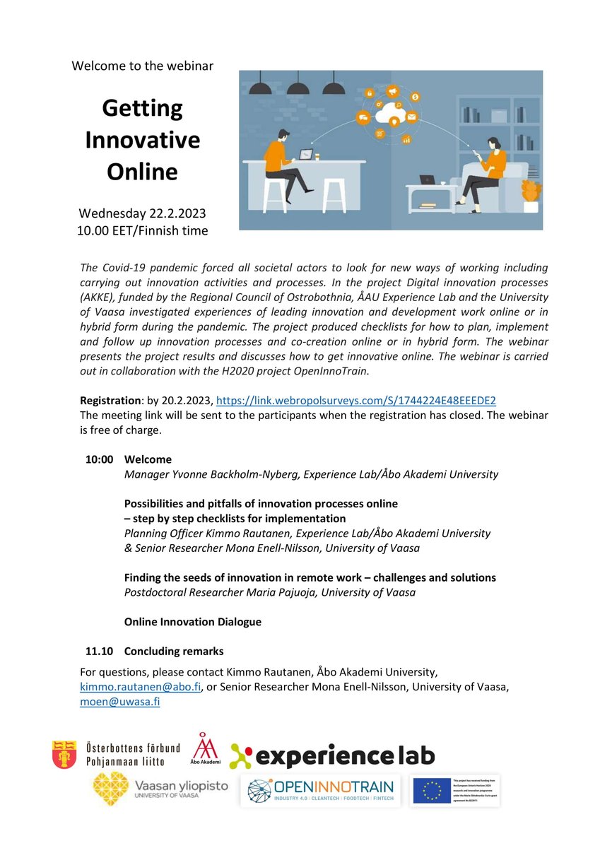 Experience Lab (@mediac1ty) on Twitter photo Do the hashtags #innovation #digitaltransformation and #cocreation apply to your work? If they do, check our webinar on the topic on Feb 22nd at 10AM Helsinki time. It's free of charge, but you need to register by Feb 20th: link.webropolsurveys.com/Participation/…
<a href="/univaasa/">University of Vaasa</a> <a href="/pliitto/">Österbottens förbund | Pohjanmaan liitto</a> Do the hashtags #innovation #digitaltransformation and #cocreation apply to your work? If they do, check our webinar on the topic on Feb 22nd at 10AM Helsinki time. It's free of charge, but you need to register by Feb 20th: link.webropolsurveys.com/Participation/…
<a href="/univaasa/">University of Vaasa</a> <a href="/pliitto/">Österbottens förbund | Pohjanmaan liitto</a>