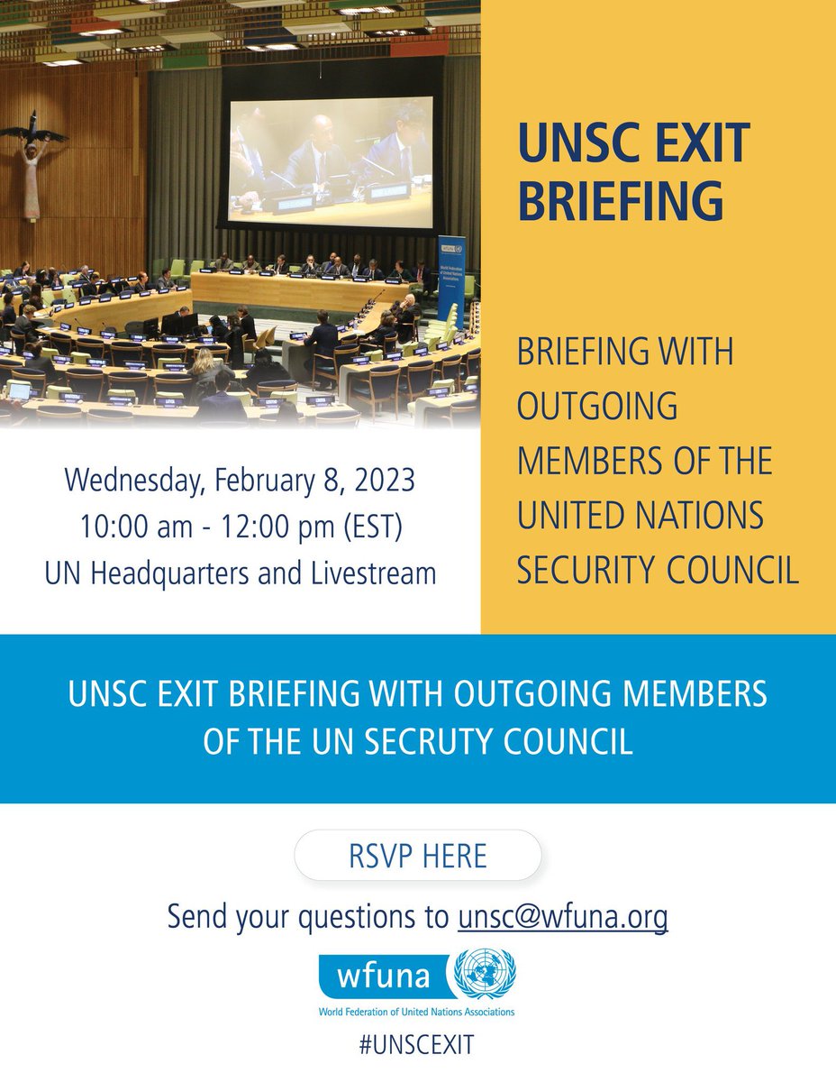 WFUNA's tweet photo. Happening soon! 

#UNSCExit briefing - hear from outgoing members of the #UN #Securitycouncil. 

Join us or watch live here 📺: https://t.co/6i6CfAvZhU https://t.co/X8SzRG7WJS