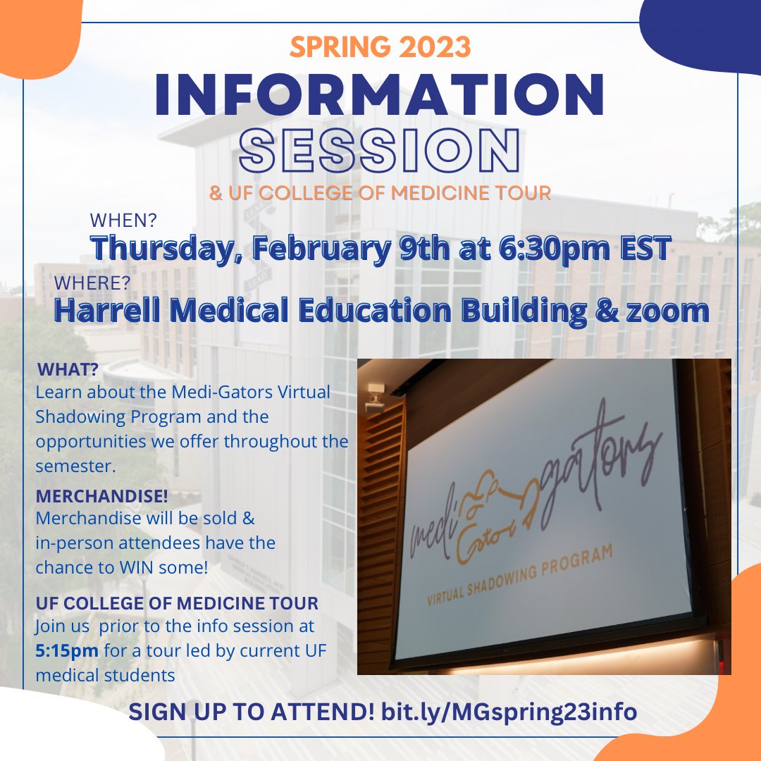 Join us Thursday, February 9th for a Medi-Gators Information Session! Learn more about our program and the events we are offering during the Spring 2023 semester. Arrive early for a tour of the UF College of Medicine led by current medical students!